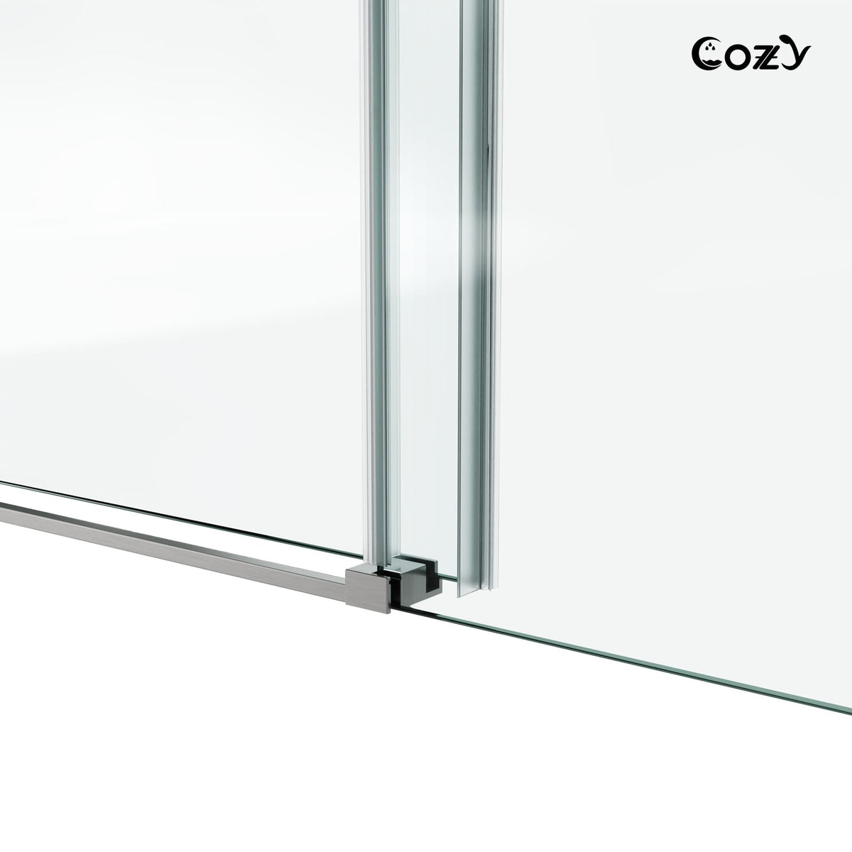 Cozy GD11-5476 brushed nickel shower door close-up showing the bottom guide and water-sealing hardware.