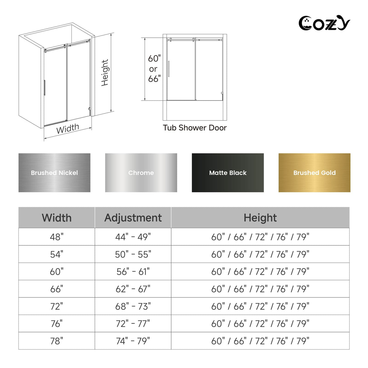 Cozy GD11-5476 shower door chart showing available widths, heights, and hardware finishes.