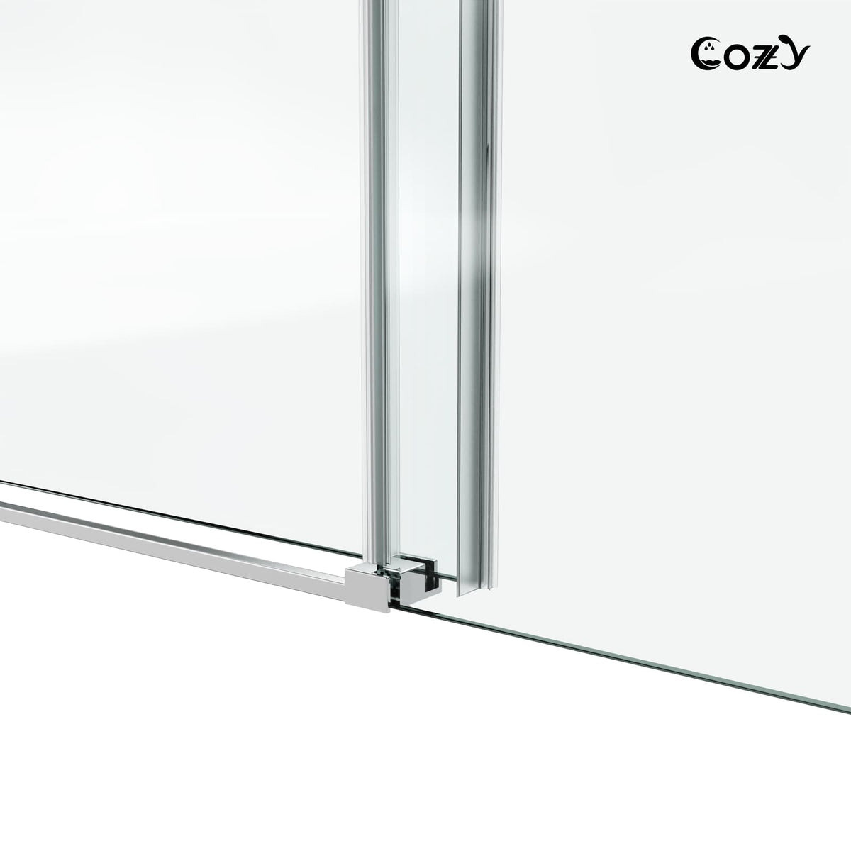 Cozy GD11-5476 chrome shower door close-up showing the bottom guide and water-sealing hardware.