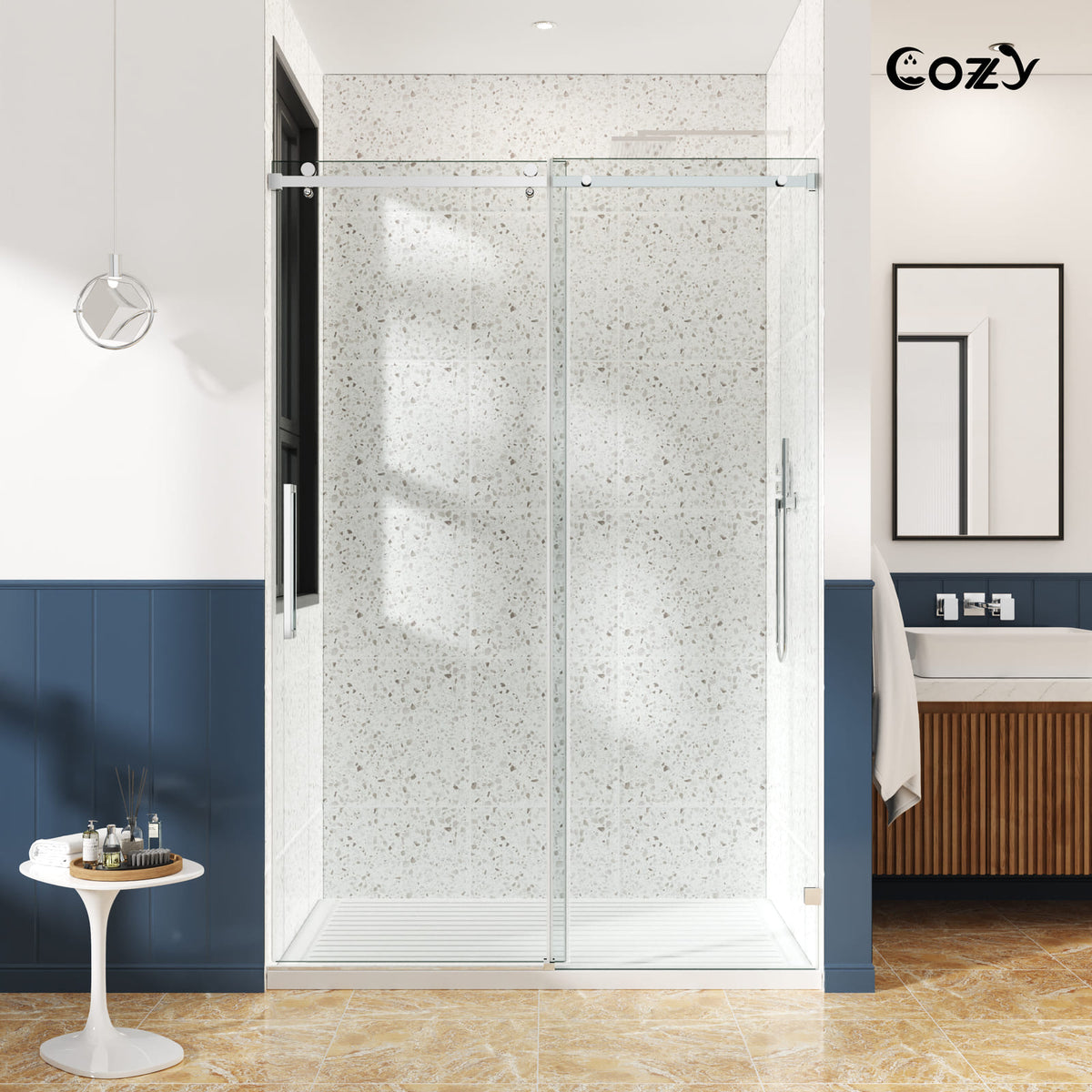 Cozy GD11-5476 chrome frameless single sliding shower door installed in a modern bathroom shower.