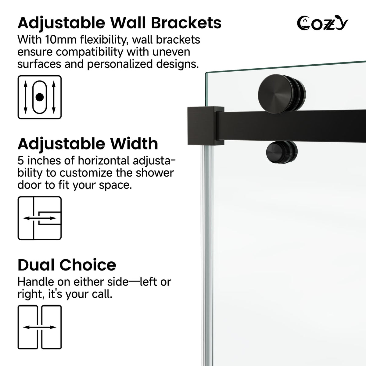 Cozy GD11-5476 matte black shower door showing adjustable wall brackets, five-inch width adjustment, and reversible handing.