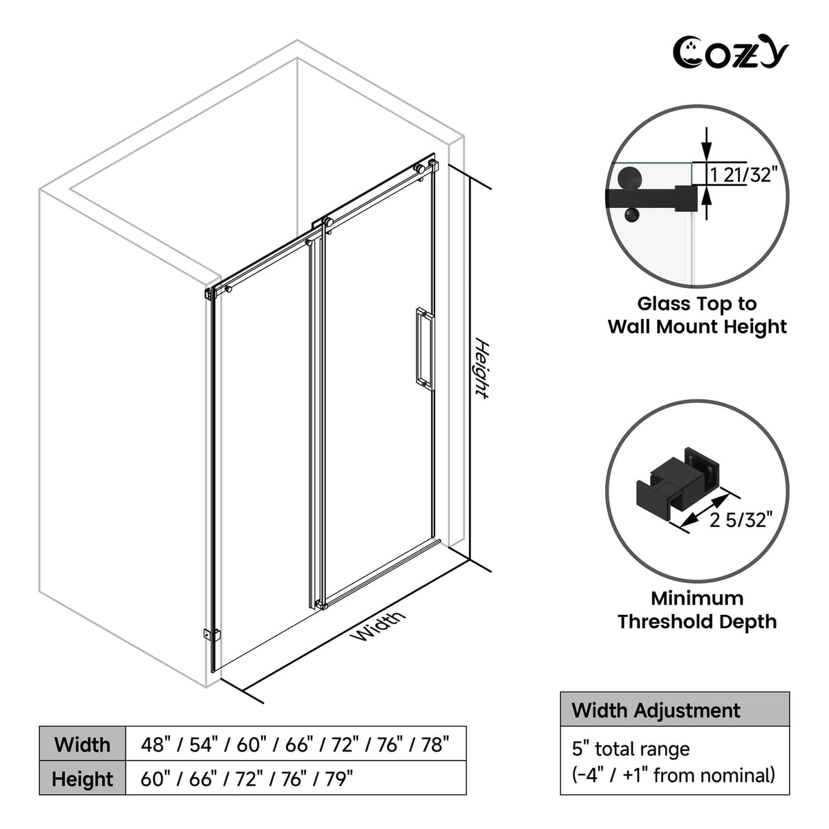 Cozy GD11-5476 matte black shower door diagram showing width adjustment, wall-mount height, and minimum threshold depth.