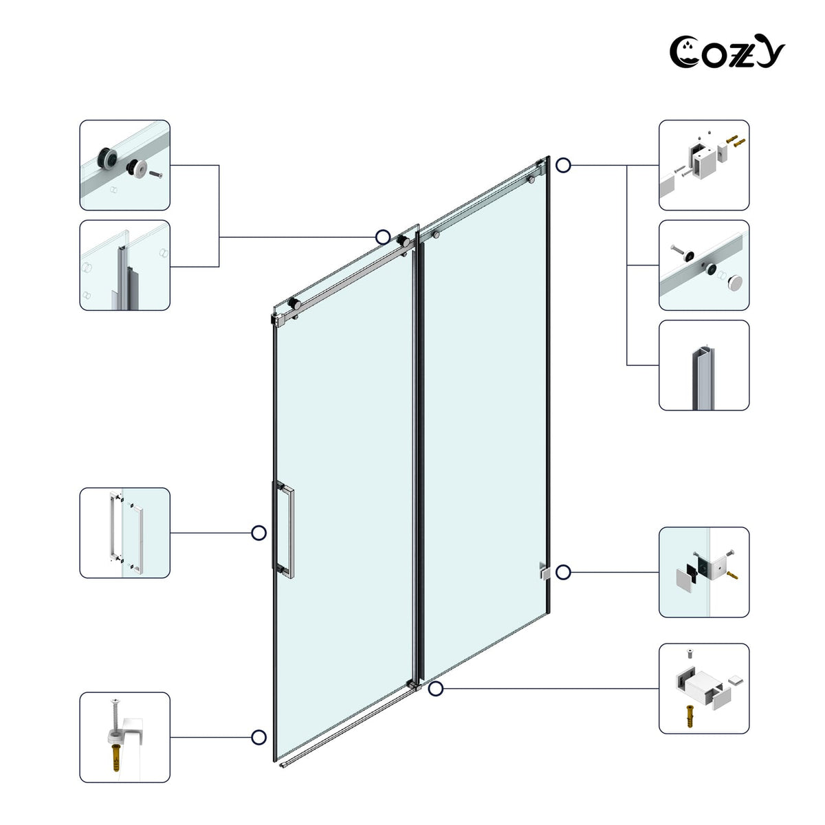 Cozy GD11-5476 shower door hardware diagram showing rollers, brackets, handle, guides, and seals.