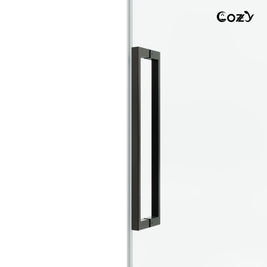 Cozy GD11-5476 matte black shower door close-up showing the square handle on clear tempered glass.