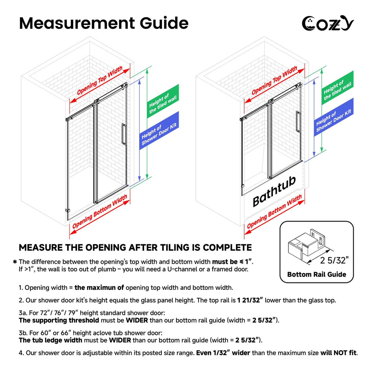 Cozy GD11-6066 tub door measurement guide showing opening width, height, and minimum tub ledge depth.