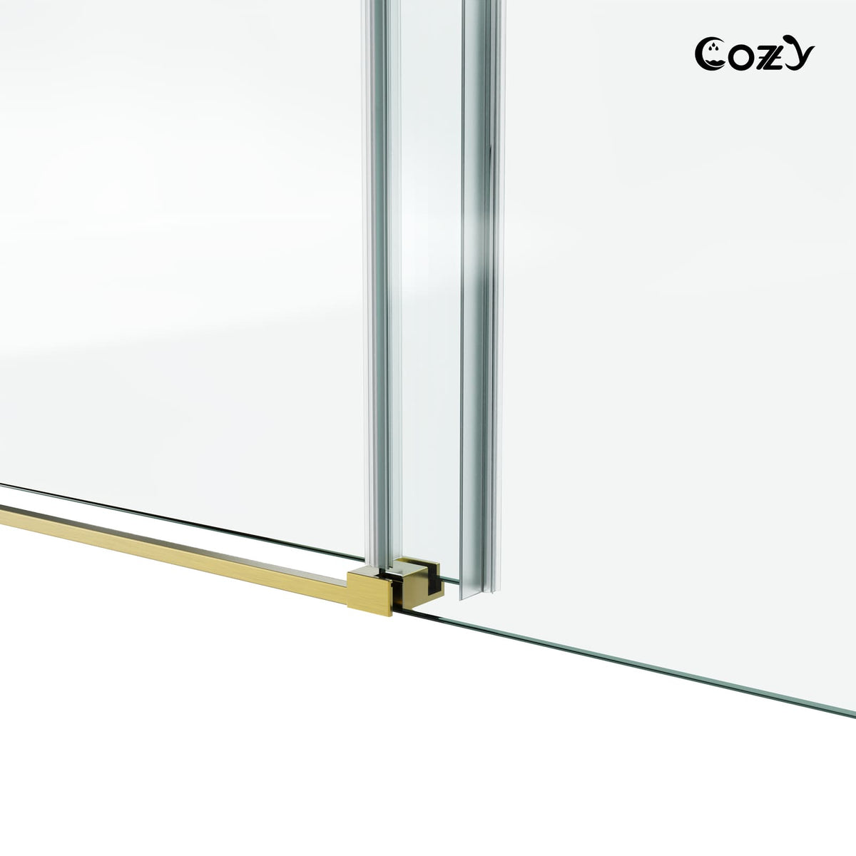 Cozy GD11-6076 Brushed Gold single sliding shower door close-up showing the bottom guide and water-sealing hardware.