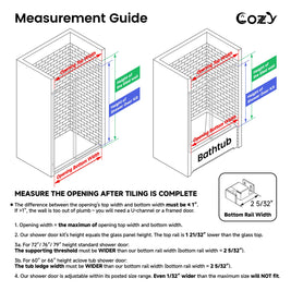 Cozy GD11-6076 shower door measurement guide showing opening width, tiled-wall height, and minimum threshold depth.