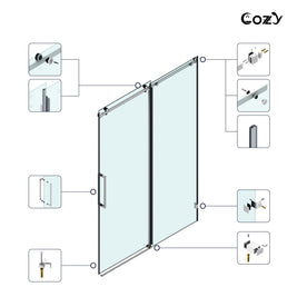 Cozy GD11-6076 single sliding shower door hardware diagram showing rollers, wall brackets, square handle, guide, and seals.