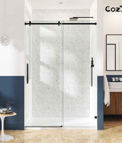 Cozy GD11-6076 Matte Black frameless single sliding shower door installed in a styled bathroom.