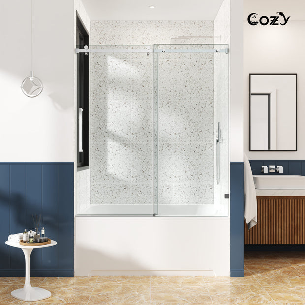 Cozy GD11-6660 chrome frameless single sliding tub door installed over a bathtub in a modern bathroom.