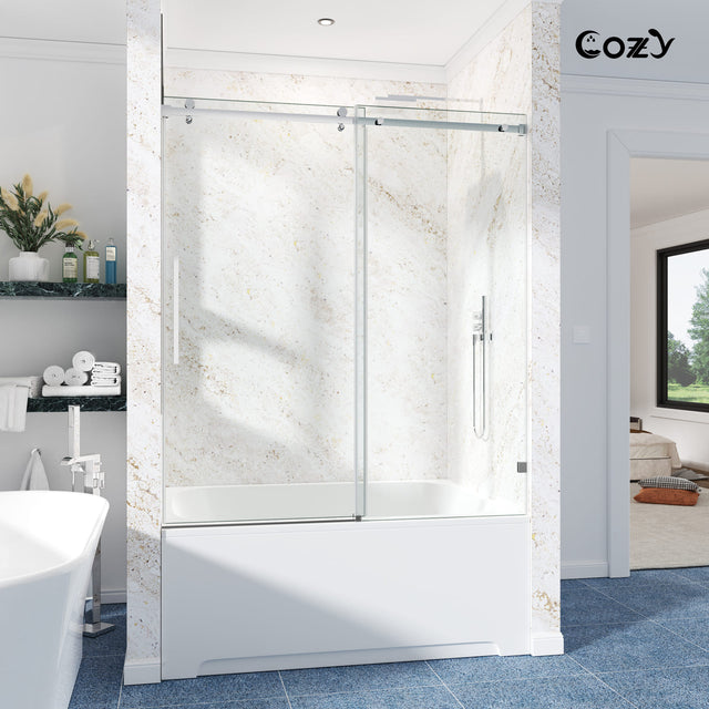 Cozy GD11-6666 chrome frameless single sliding tub door installed over a bathtub in a modern bathroom.
