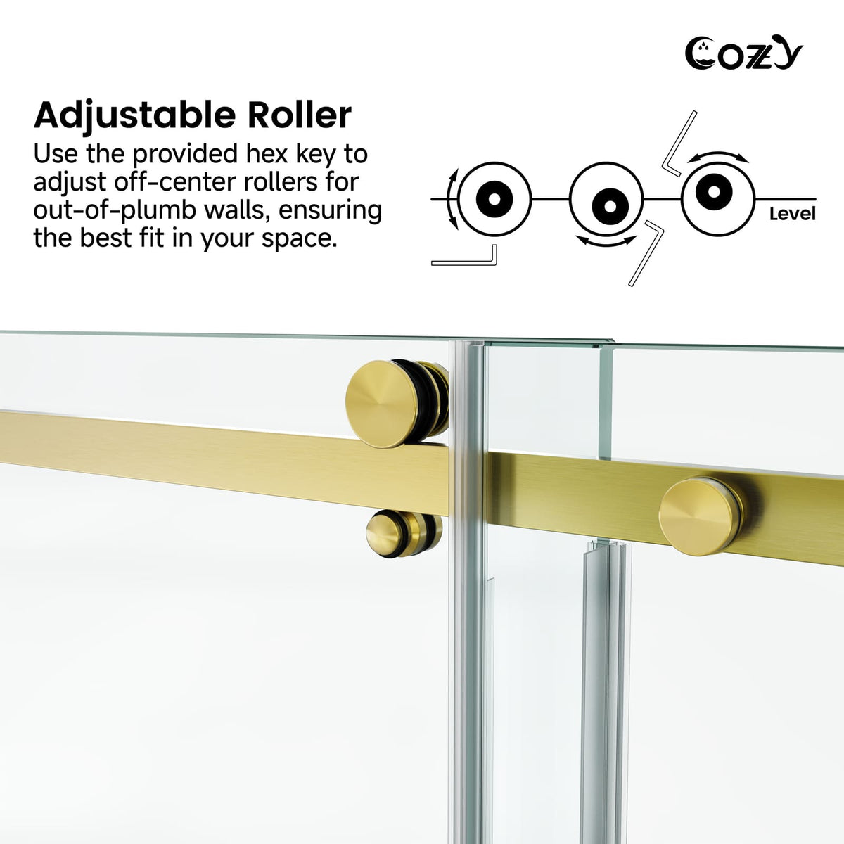 Cozy GD11 brushed gold frameless single sliding tub door showing adjustable off-center top rollers for out-of-plumb wall alignment.