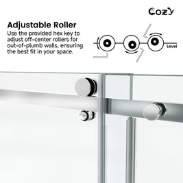 Cozy GD11 chrome frameless single sliding tub door showing adjustable off-center top rollers for out-of-plumb wall alignment.