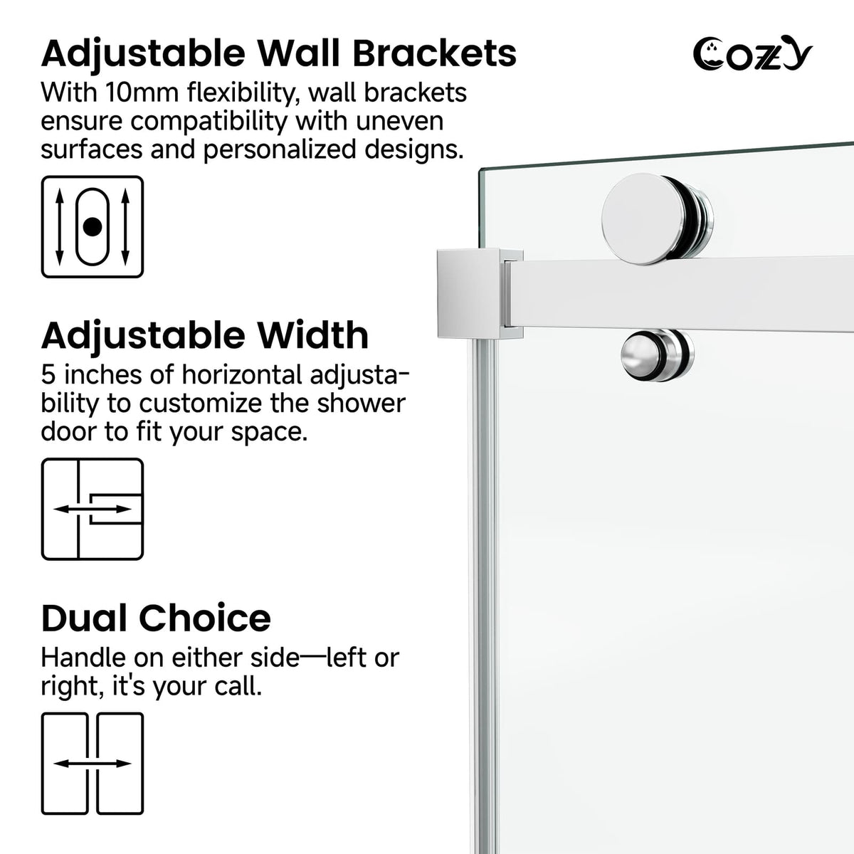Cozy GD11 chrome frameless single sliding tub door showing adjustable wall brackets, five-inch width adjustment, and reversible door handing.
