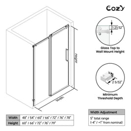 Cozy GD11 chrome frameless single sliding tub door diagram showing width adjustment, wall-mount height, and minimum threshold depth.