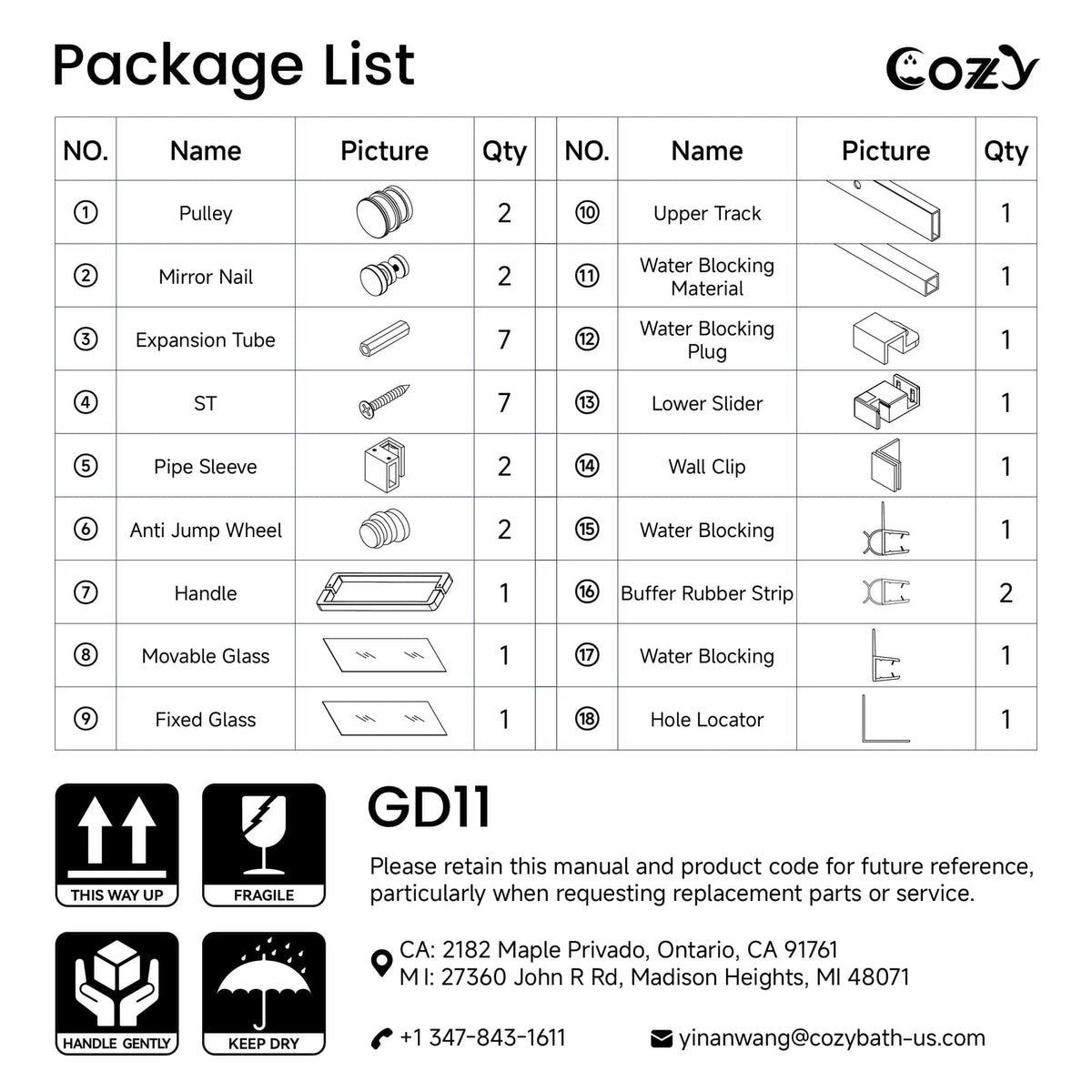 Cozy GD11 chrome frameless single sliding tub door package list showing included hardware, glass panels, tracks, seals, and installation parts.