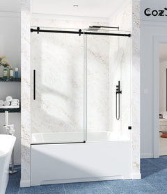 Cozy GD11 matte black frameless single sliding tub door with clear 3/8-inch tempered glass.