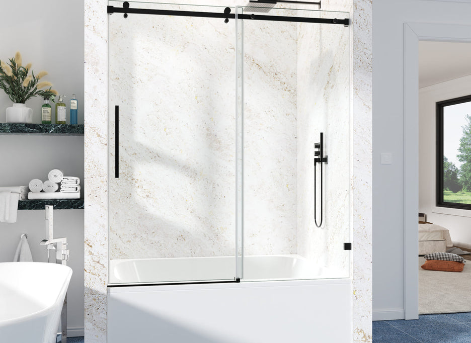 Cozy GD11 matte black frameless single sliding tub door with clear 3/8-inch tempered glass.