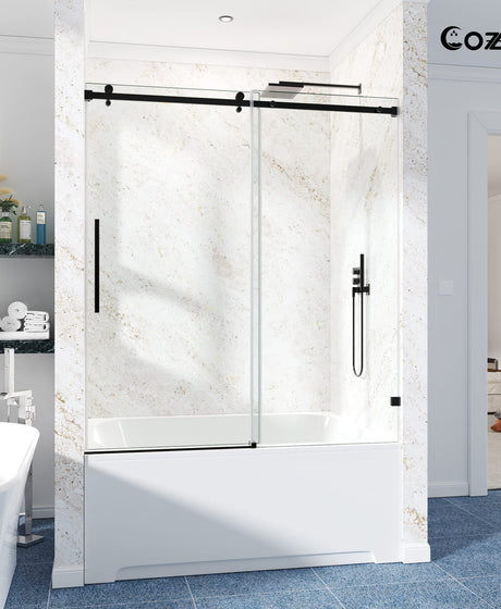 Cozy GD11 matte black frameless single sliding tub door with clear 3/8-inch tempered glass.