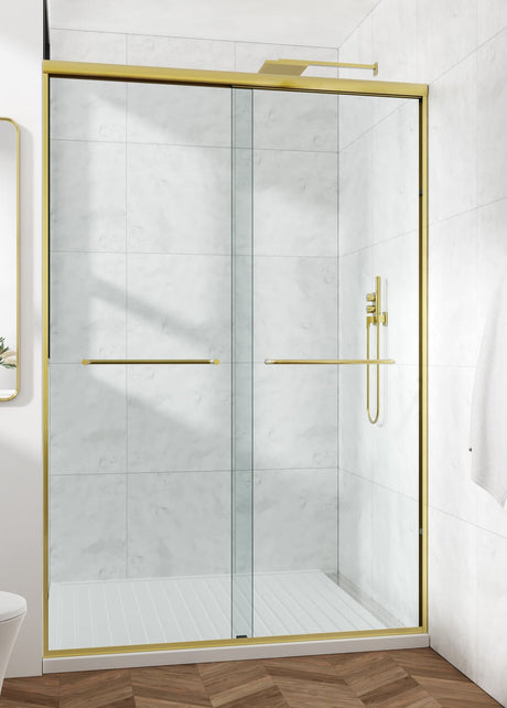 Cozy GD15 Brushed Gold semi-frameless double sliding shower door installed in a modern white bathroom.