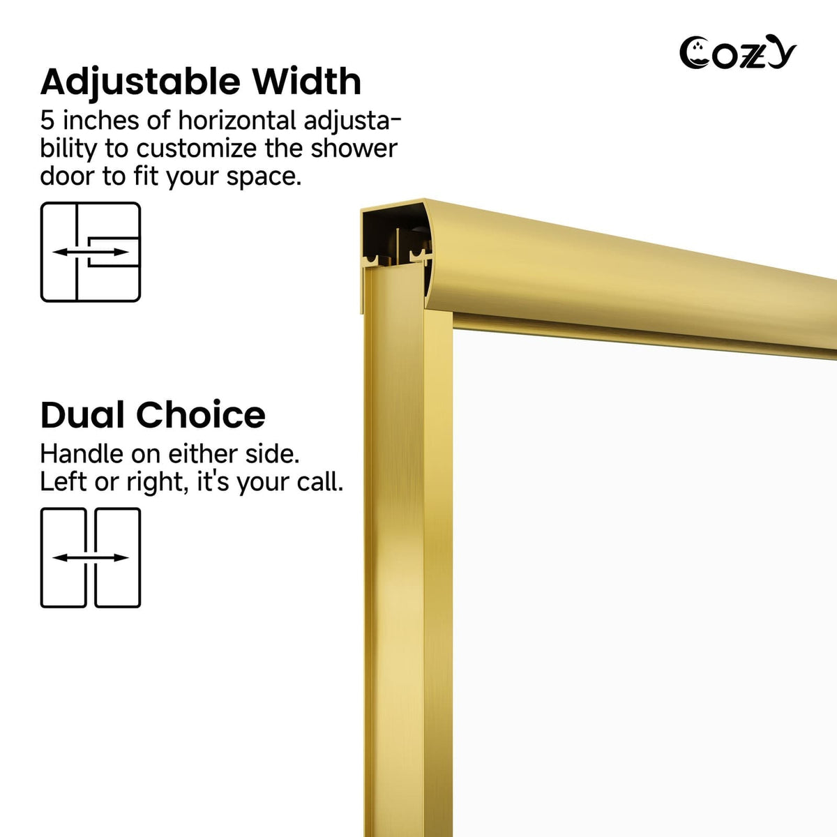 Cozy GD15 Brushed Gold tub door detail showing adjustable width and reversible double-sliding operation.