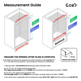 Cozy GD15 tub door measurement guide showing opening width, tiled-wall height, and minimum tub-ledge depth.
