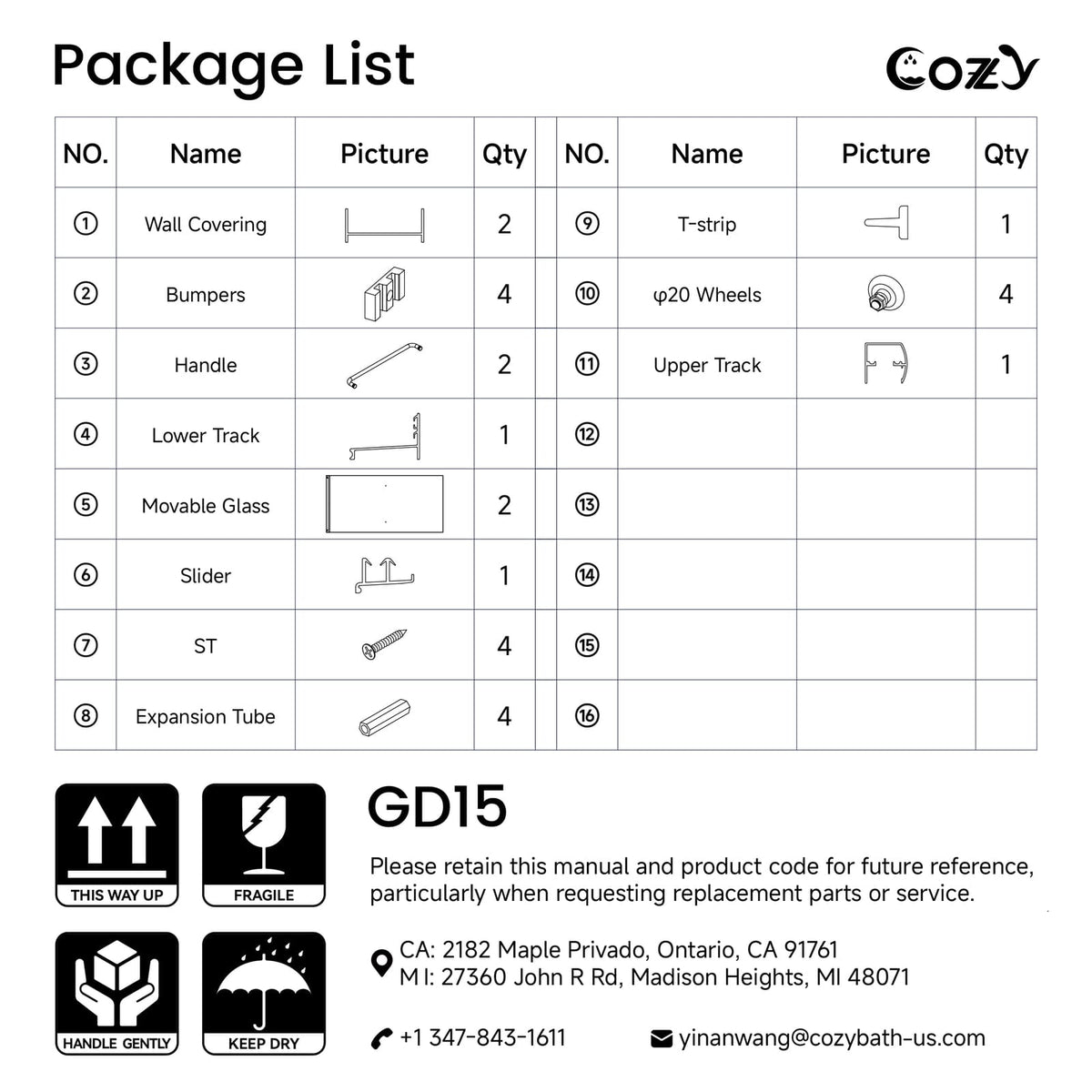 Cozy GD15 semi-frameless double sliding shower door package list showing included glass panels, tracks, rollers, handles, guides, and hardware.