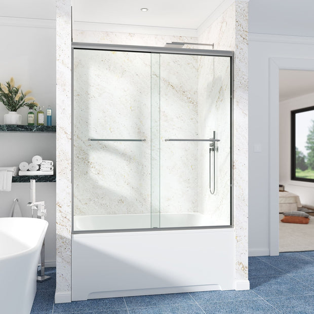 Cozy GD15 Brushed Nickel semi-frameless double sliding tub door installed above a bathtub in a bright tiled bathroom.