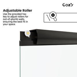 Cozy GD15 Matte Black shower door diagram showing the adjustable top roller for out-of-plumb walls.