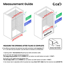 Cozy GD15 shower door measurement guide showing opening width, tiled-wall height, and minimum threshold depth.