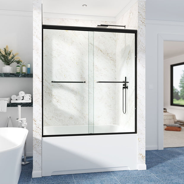 Cozy GD15 Matte Black semi-frameless double sliding tub door installed above a bathtub in a bright tiled bathroom.