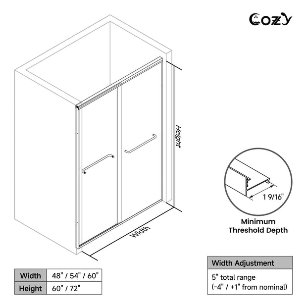 Cozy GD15 double sliding tub door diagram showing width, height, five-inch adjustment range, and minimum threshold depth.