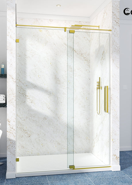 Cozy GD22-4876 brushed gold frameless pivot shower door installed in a bathroom.