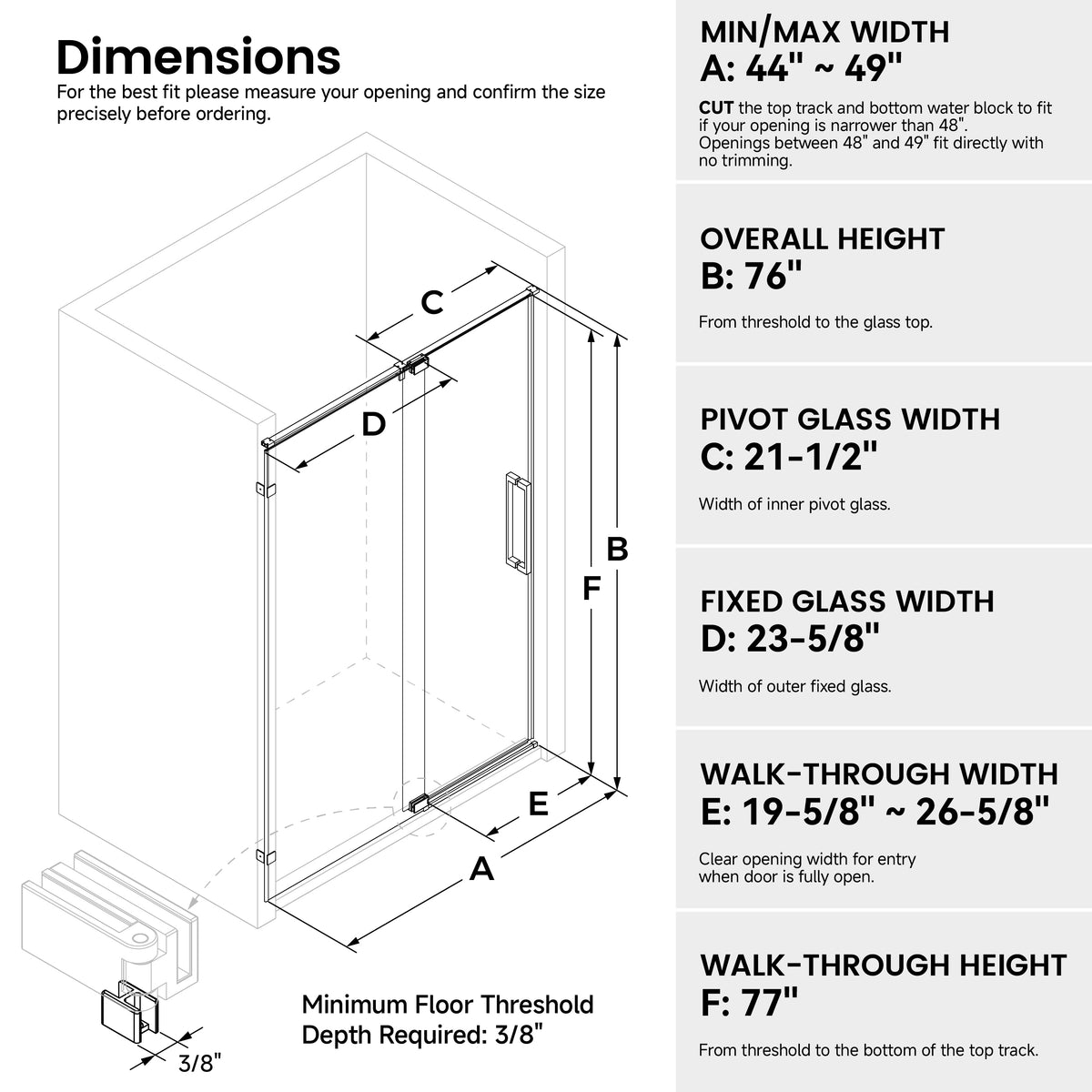Cozy GD22-4876 dimensions diagram for the 44-49 inch wide by 76 inch high pivot shower door.