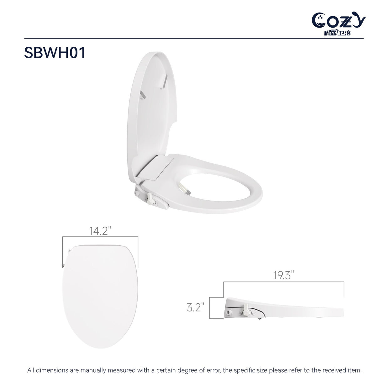 Cozy SBWH01 non-electric bidet toilet seat dimensions and specification diagram.