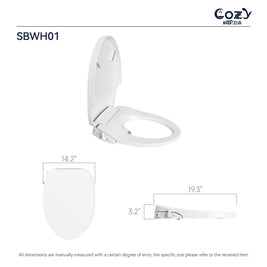Cozy SBWH01 non-electric bidet toilet seat dimensions and specification diagram.