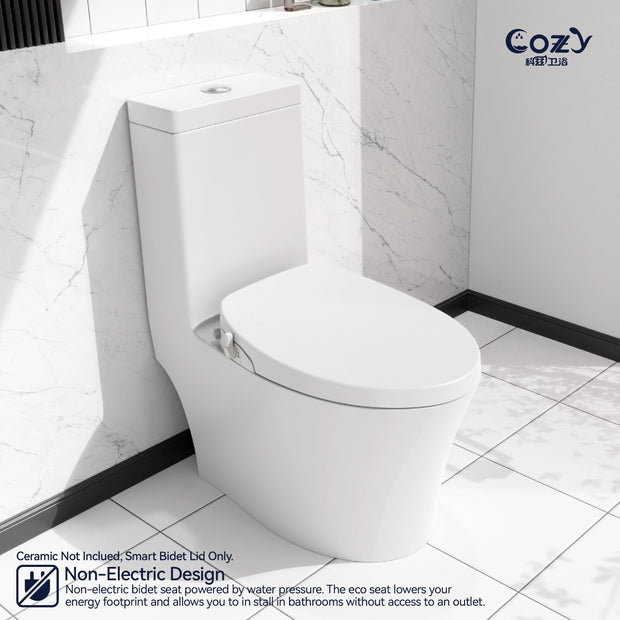 Cozy SBWH01 non-electric bidet toilet seat installed on a ceramic bowl in a modern bathroom lifestyle view.