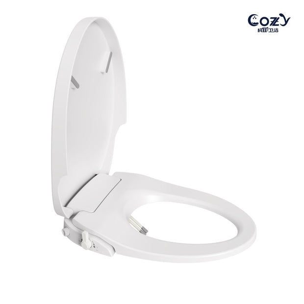 Cozy SBWH01 non-electric bidet toilet seat with elongated shape and open lid view.