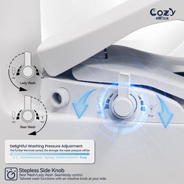 Cozy SBWH01 non-electric bidet toilet seat stepless side knob control and water pressure diagram.