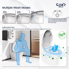 Cozy SBWH01 non-electric bidet toilet seat wash modes and SIAA antibacterial seat diagram.