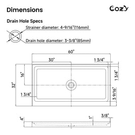 Dimension diagram for the Cozy SP-C-WH90-6032 60 x 32 inch shower base with center-drain opening specifications.