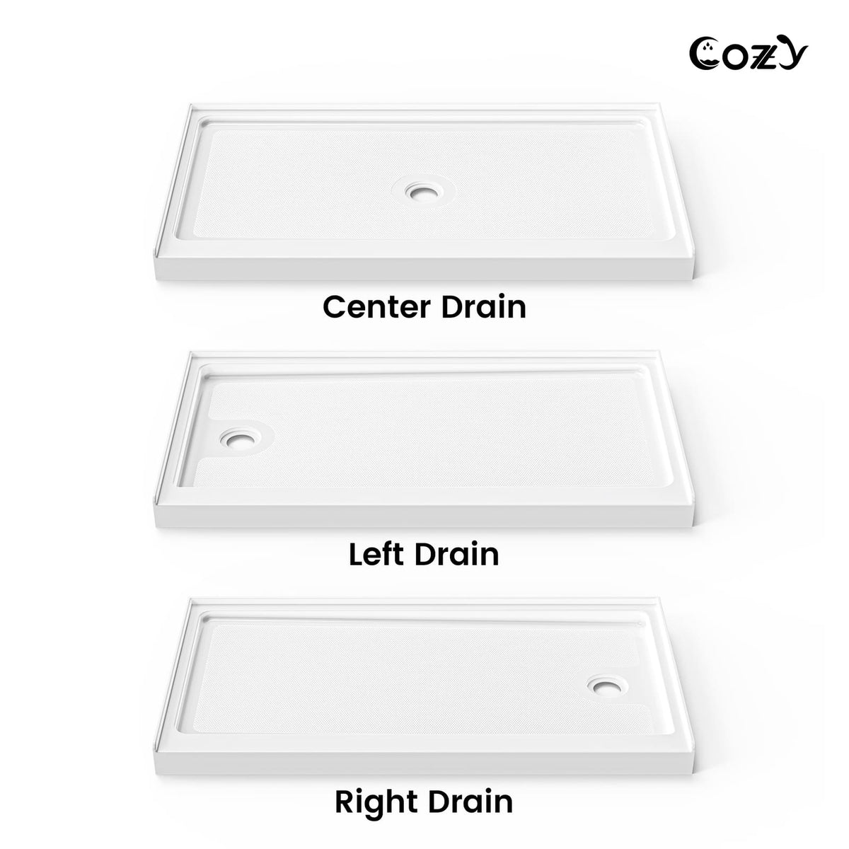 Comparison of center, left, and right drain shower base configurations, highlighting the center-drain layout of Cozy SP-C-WH90-6032.