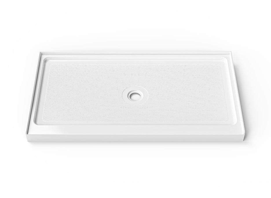 Cozy SP-C-WH90-6032 white acrylic 60 x 32 inch shower base with a center drain, shown from the front.
