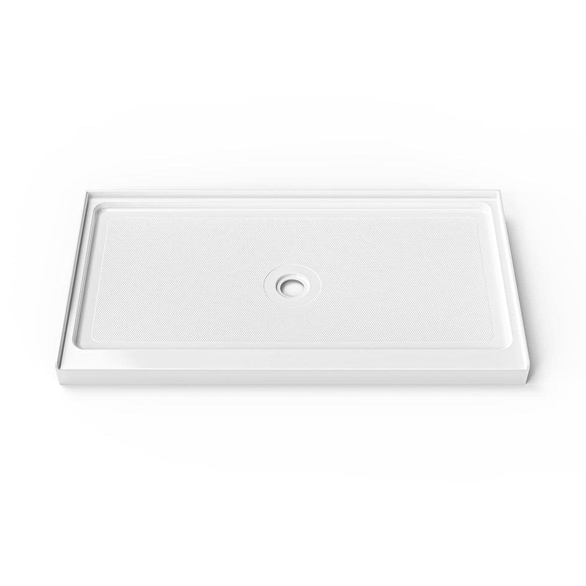 Cozy SP-C-WH90-6032 white acrylic 60 x 32 inch shower base with a center drain, shown from the front.