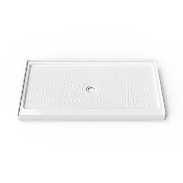 Cozy SP-C-WH90-6032 white acrylic 60 x 32 inch shower base with a center drain, shown from the front.