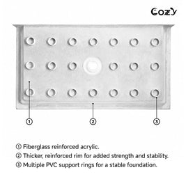 Underside of the Cozy SP-C-WH90-6032 shower base showing fiberglass reinforcement and multiple PVC support rings.