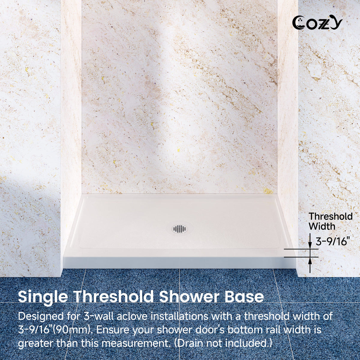 Cozy SP-C-WH90-6032 single-threshold shower base showing the 3-9/16 inch threshold width.