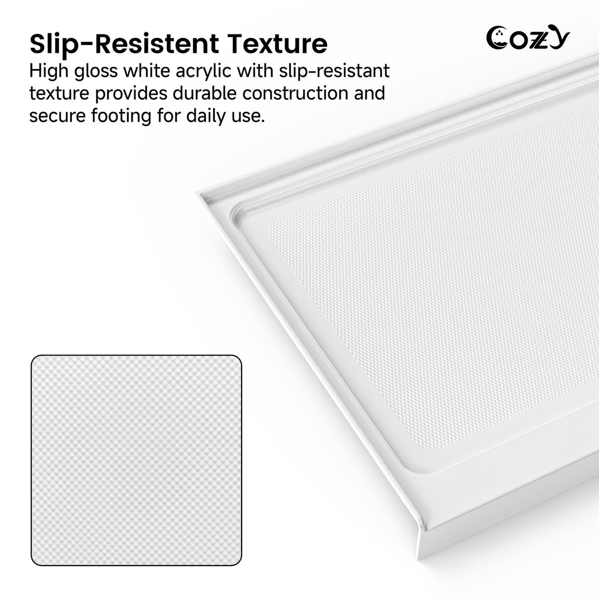 Close-up of the slip-resistant textured floor on the Cozy SP-C-WH90-6032 white acrylic shower base.