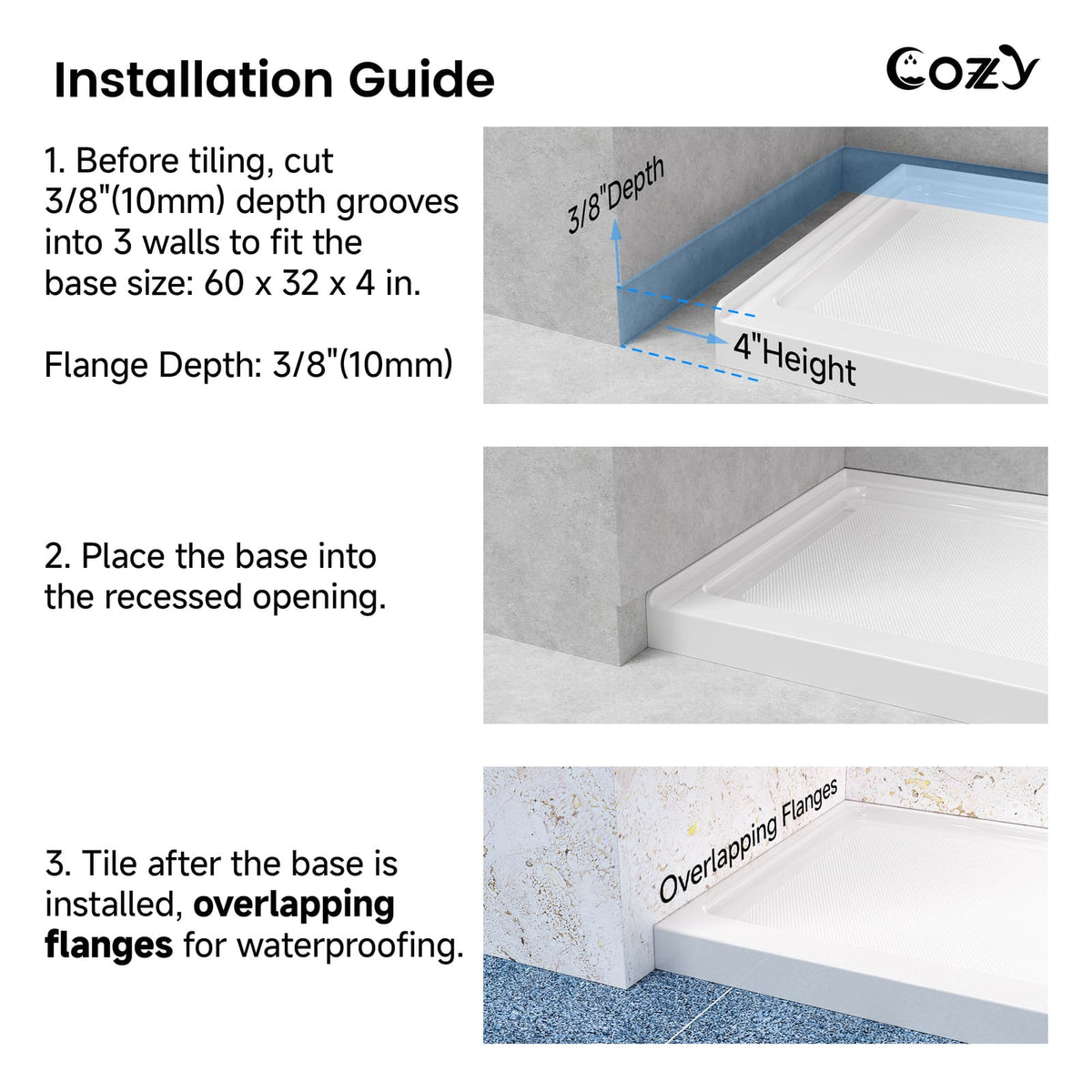 Installation guide for the Cozy SP-C-WH90-6032 shower base showing the three-wall flange and tiled-wall steps.