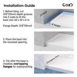 Installation guide for the Cozy SP-C-WH90-6032 shower base showing the three-wall flange and tiled-wall steps.